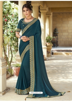 Teal Blue Designer Chinnon Georgette Wedding Wear Sari