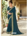 Teal Blue Designer Chinnon Georgette Wedding Wear Sari