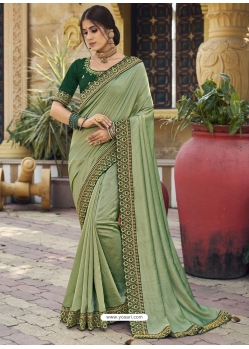 Pista Green Designer Chinnon Georgette Wedding Wear Sari