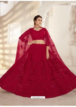 Crimson Designer Wedding Wear Net Lehenga Choli