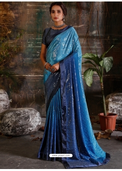 Blue Designer Pure Shaded Crepe Wedding Wear Sari