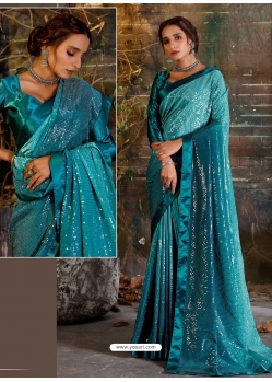 Turquoise Designer Pure Shaded Crepe Wedding Wear Sari
