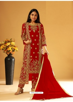 Red Designer Festive Wear Heavy Butterfly Net Wedding Suit