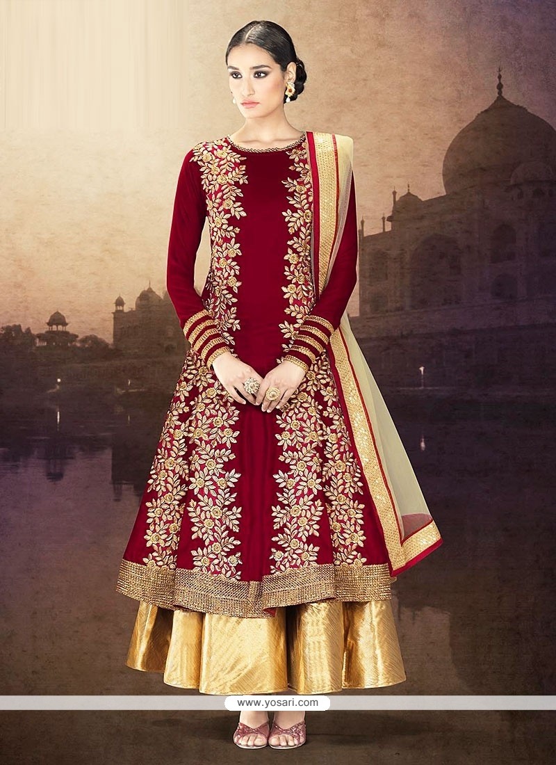 Blooming Maroon Embroidery Work Anarkali Suits