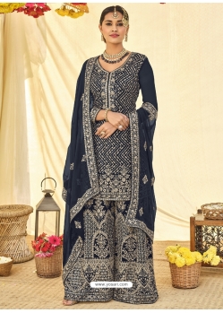 Peacock Blue Designer Faux Blooming Georgette Palazzo Suit