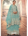 Sky Blue Designer Party Wear Heavy Butterfly Net Palazzo Salwar Suit