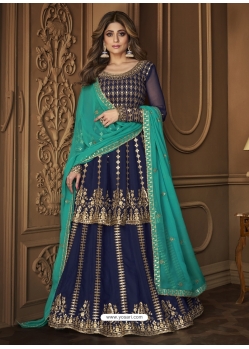 Dark Blue Designer Party Wear Real Georgette Wedding Lehenga Suit