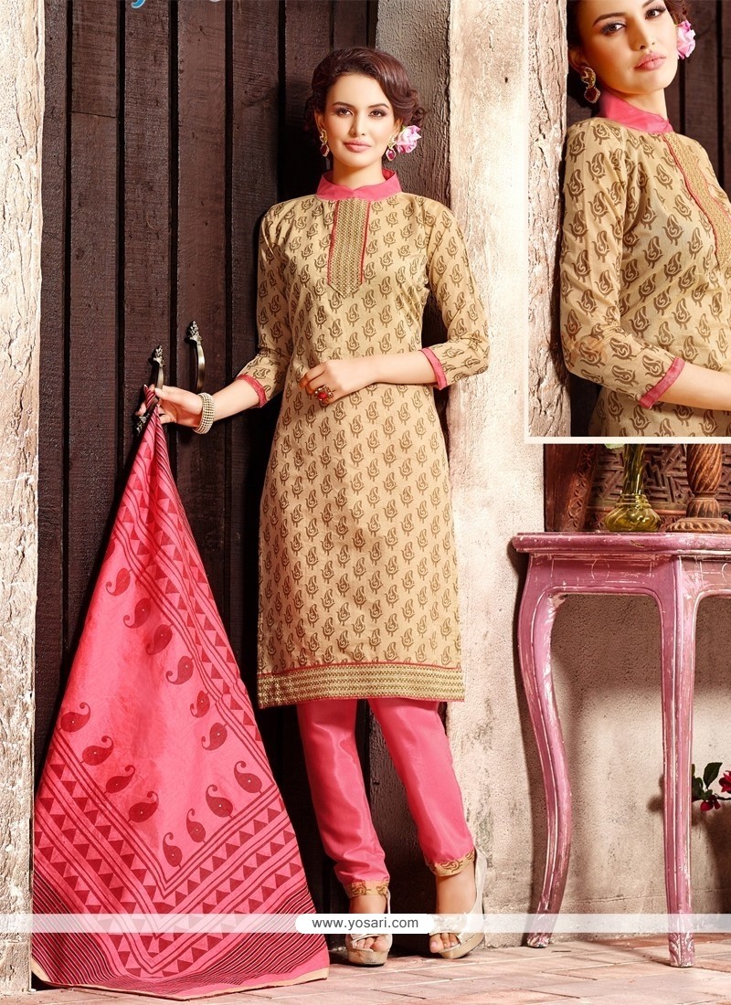 Salwar Suits : Greenish yellow chanderi cotton salwar suit