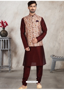 Maroon Exclusive Readymade Banarasi Silk Kurta Pajama With Jacket