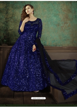 Dark Blue Designer Wedding Wear Net Anarkali Suit