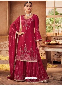 Rose Red Designer Party Wear Chinon Salwar Suit