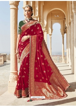 Rose Red Designer Wedding Wear Silk Sari