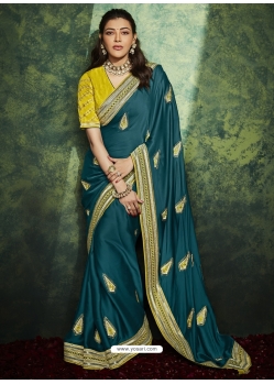 Teal Blue Designer Wedding Wear Silk Sari