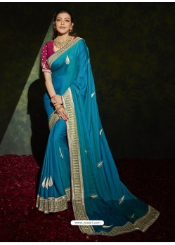 Blue Designer Wedding Wear Silk Sari