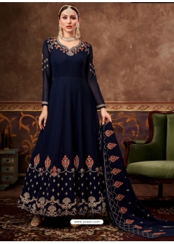 Navy Blue Designer Wedding Wear Real Blooming Georgette Anarkali Suit
