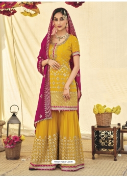 Yellow Designer Faux Georgette Wedding Palazzo Suit