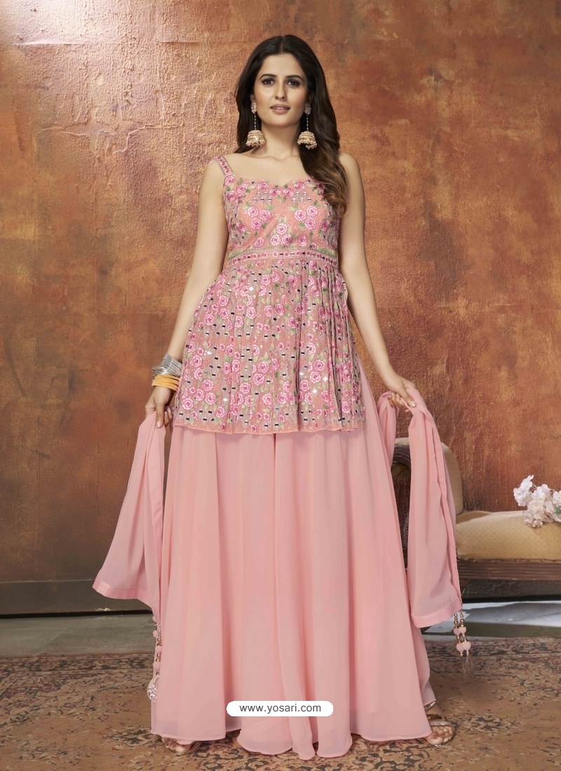 Buy Rose Tan Pink Embroidered Sharara Suit In Net