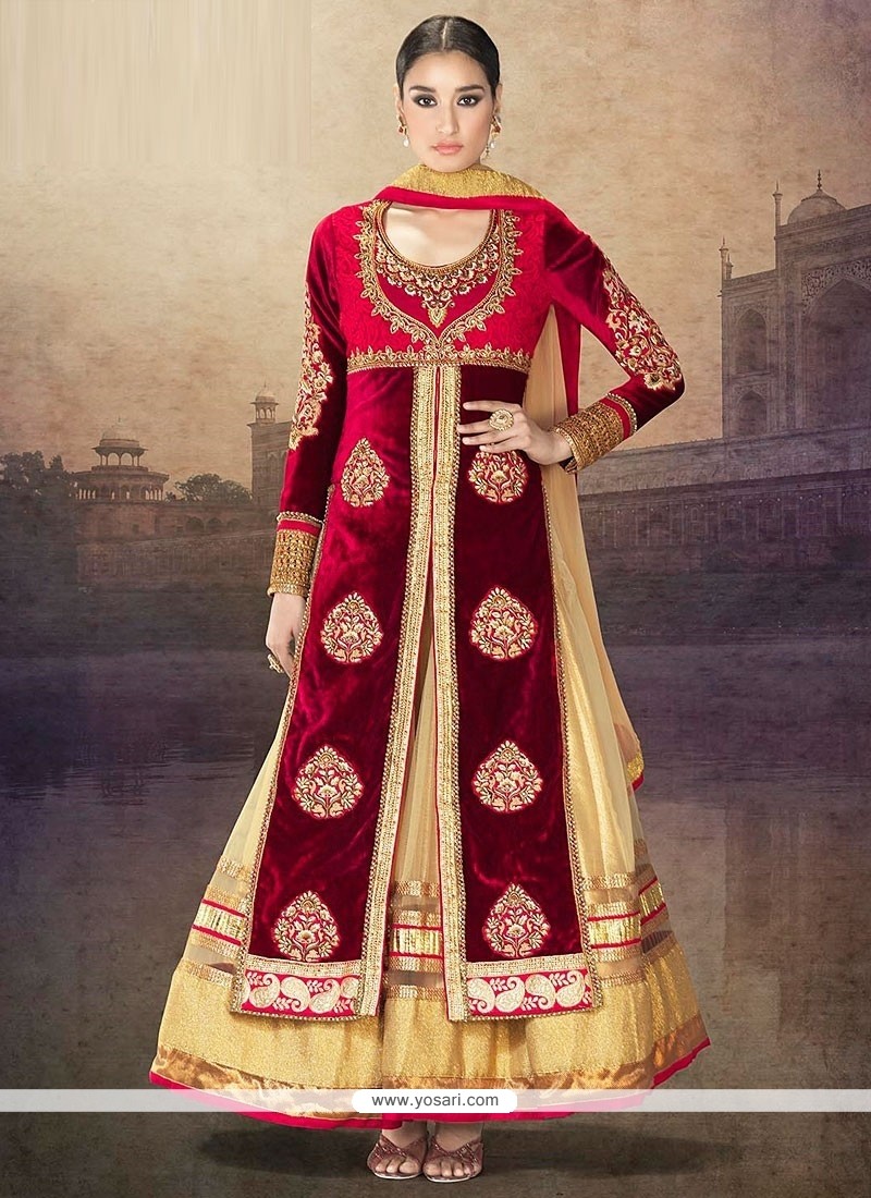 Angelic Red And Peach Velvet Anarkali Suits