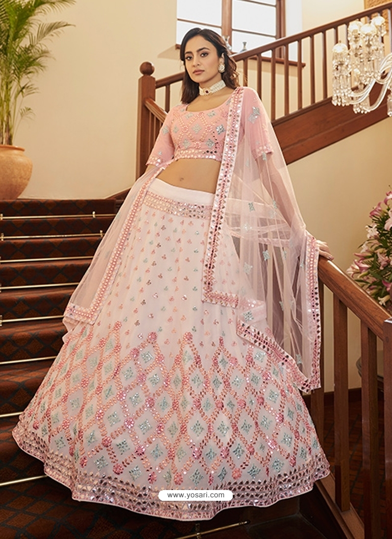 Lehenga Choli - Buy Pearl White And Pink Embroidered Wedding Lehenga Choli