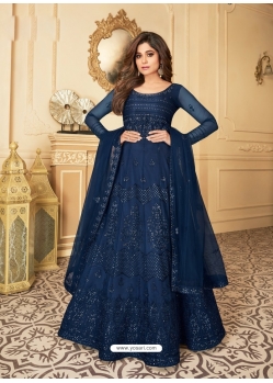 Navy Blue Designer Wedding Wear Heavy Butterfly Net Anarkali Suit