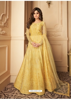 Light Yellow Designer Wedding Wear Heavy Butterfly Net Anarkali Suit