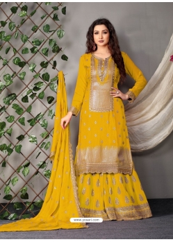 Yellow Designer Wedding Heavy Chinon Palazzo Suit