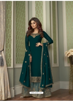Teal Blue Designer Wedding Embroidered Faux Georgette Palazzo Suit