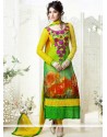 Opulent Yellow And Green Georgette Designer Churidar Suit