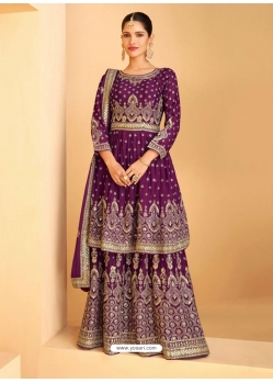 Purple Readymade Designer Wedding Embroidered Heavy Airtex Georgette Wedding Suit