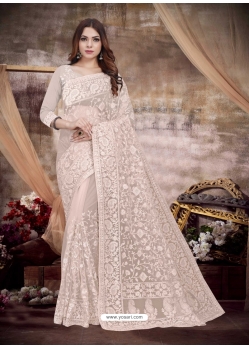 Light Beige Designer Wedding Wear Net Sari