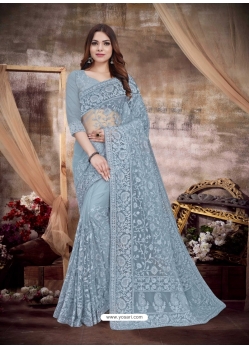Grey Designer Wedding Wear Net Sari