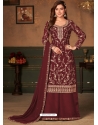 Maroon Designer Wedding Embroidered Faux Georgette Palazzo Suit