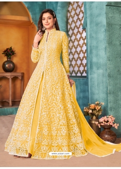 Yellow Designer Wedding Wear Net Anarkali Suit