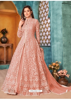 Light Orange Designer Wedding Wear Net Anarkali Suit
