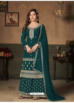 Teal Designer Wedding Embroidered Faux Georgette Palazzo Suit