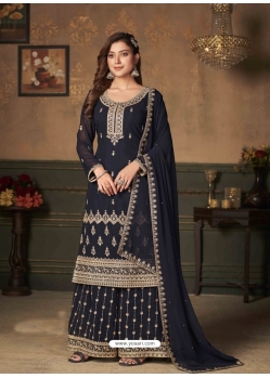 Navy Blue Designer Wedding Embroidered Faux Georgette Palazzo Suit