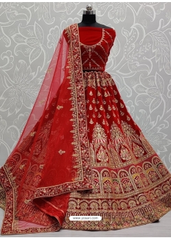 Tomato Red Designer Bridal Wear Heavy Velvet Lehenga Choli