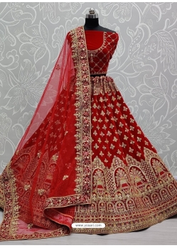 Tomato Red Designer Bridal Wear Heavy Velvet Lehenga Choli