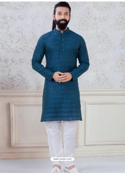 Teal Blue Exclusive Readymade Indo-Western Style Kurta Pajama