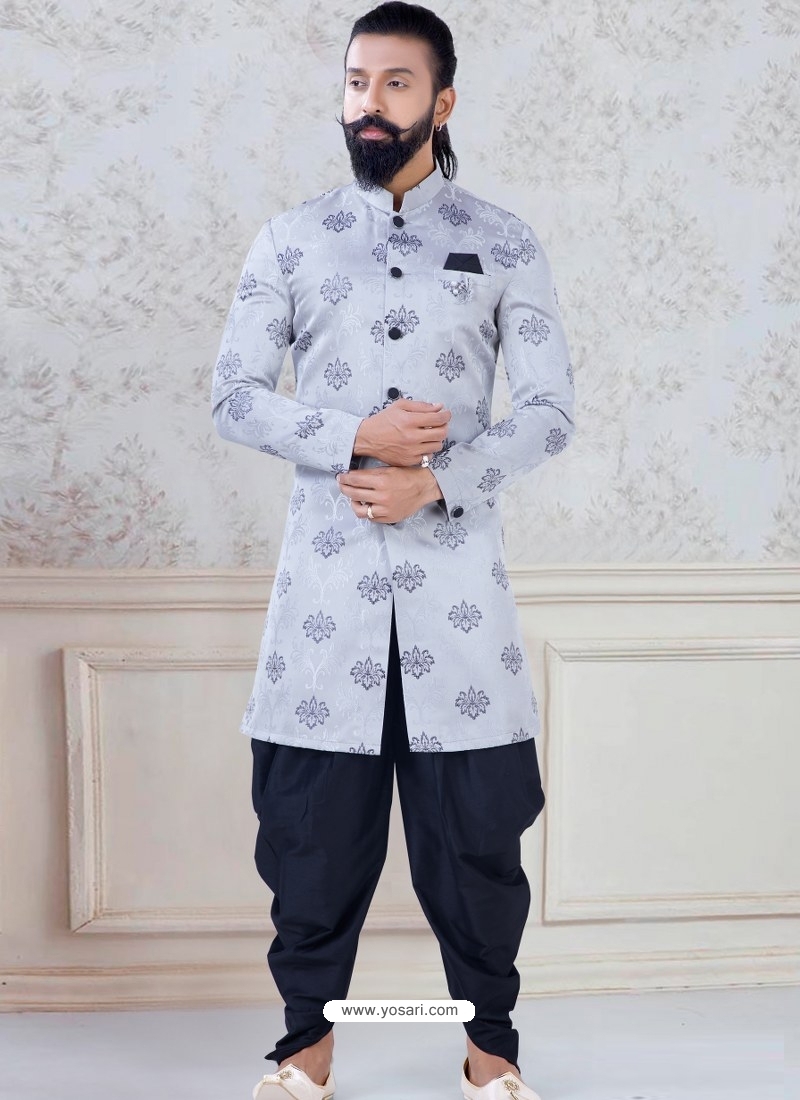 Buy Light Grey Exclusive Readymade Indo-Western Style Kurta Pajama ...