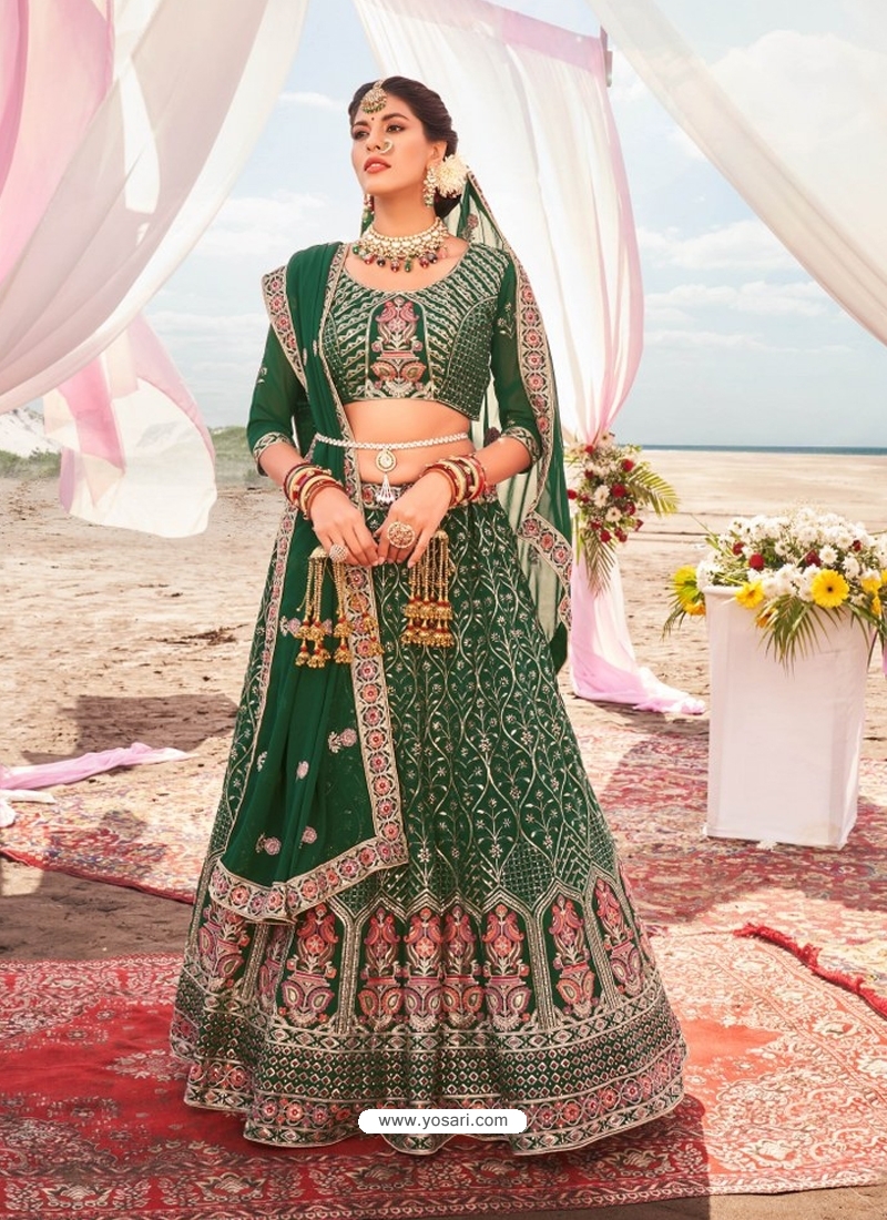 RE - Bottle Green Colored Designer Velvet Lehenga Choli - Bridal Lehengas -  Lehengas - Indian