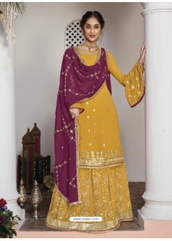 Yellow Designer Wedding Faux Georgette Palazzo Suit