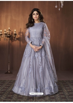 Light Grey Readymade Designer Wedding Wear Butterfly Net Anarkali Suit