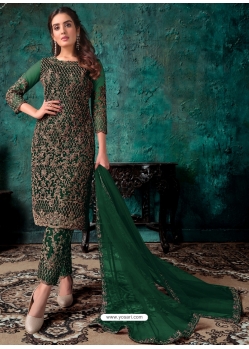 Dark Green Designer Party Wear Heavy Net Straight Salwar Suit