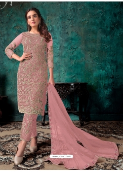 Baby Pink Designer Party Wear Heavy Net Straight Salwar Suit
