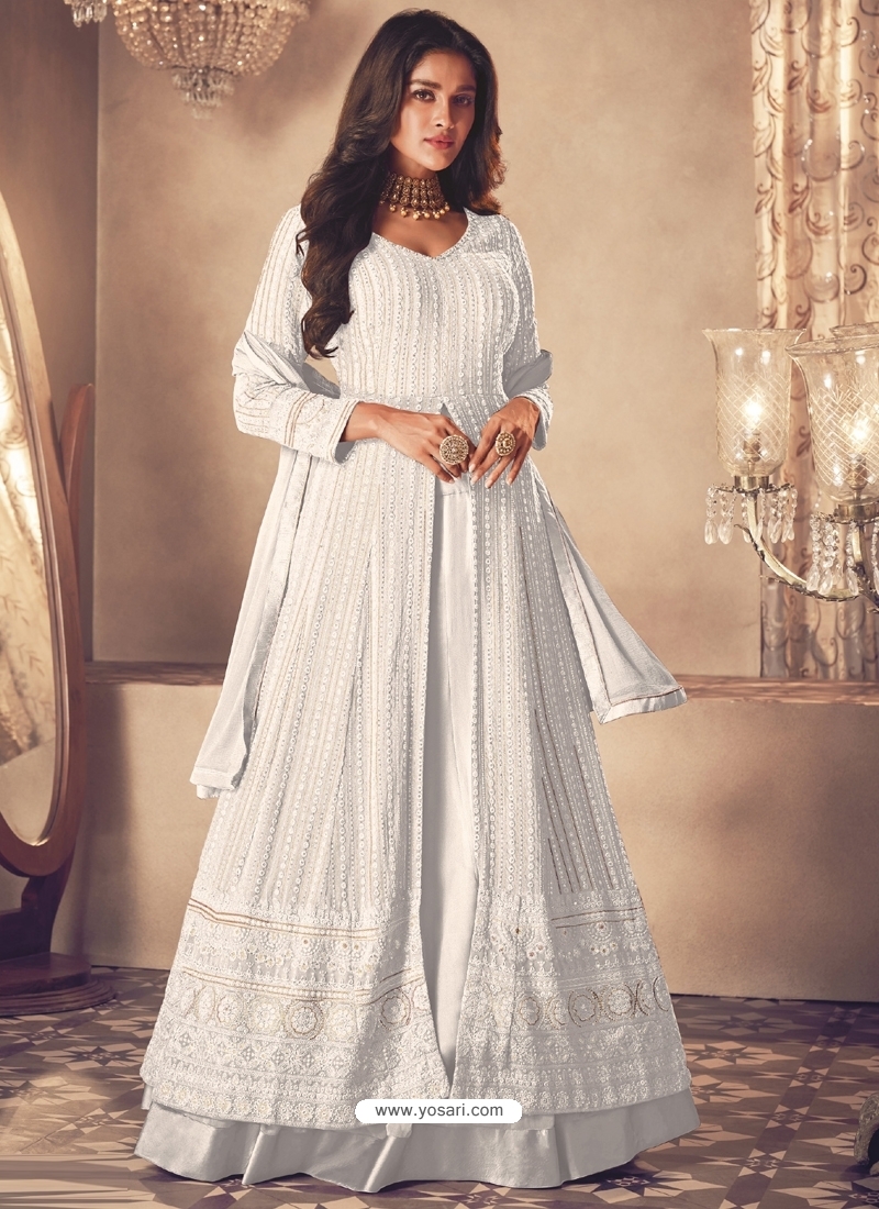 White Anarkali Set With Woven Motifs Design by Safaa at Pernia's Pop Up  Shop 2024