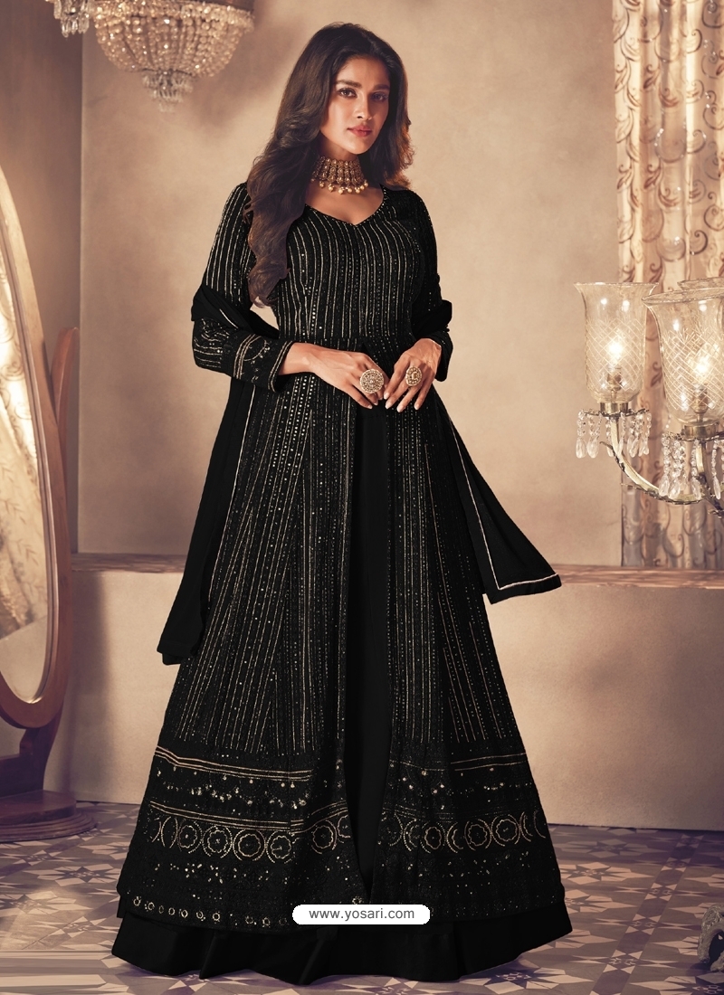 Black Georgette Maxi Dress With Dull Gold Border – Shopzters