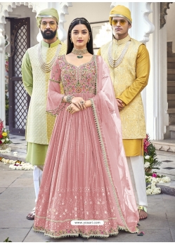 Dusty Pink Designer Wedding Wear Heavy Faux Georgette Anarkali Suit