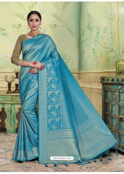 Blue Designer Wedding Wear Banarasi Silk Sari