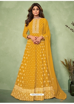 Yellow Designer Wedding Wear Heavy Real Georgette Anarkali Suit